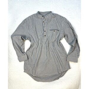 Lee Valley Ireland Flannel‎ womens M white blue striped collarless Grandad woven